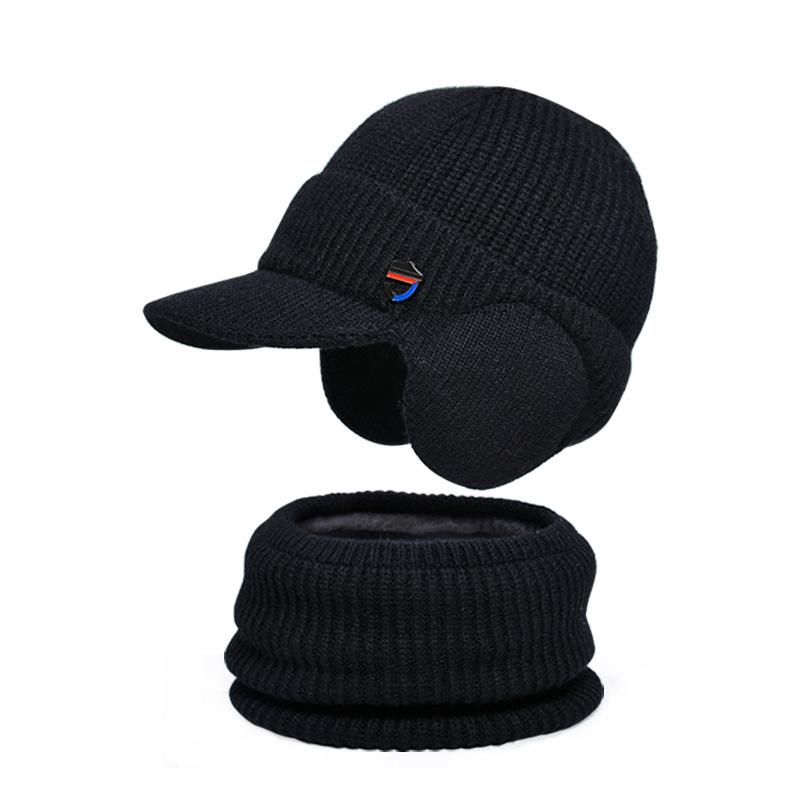 Winter warm ear protection hat scarf set plush wool hat men's European and American pullover knitted hat