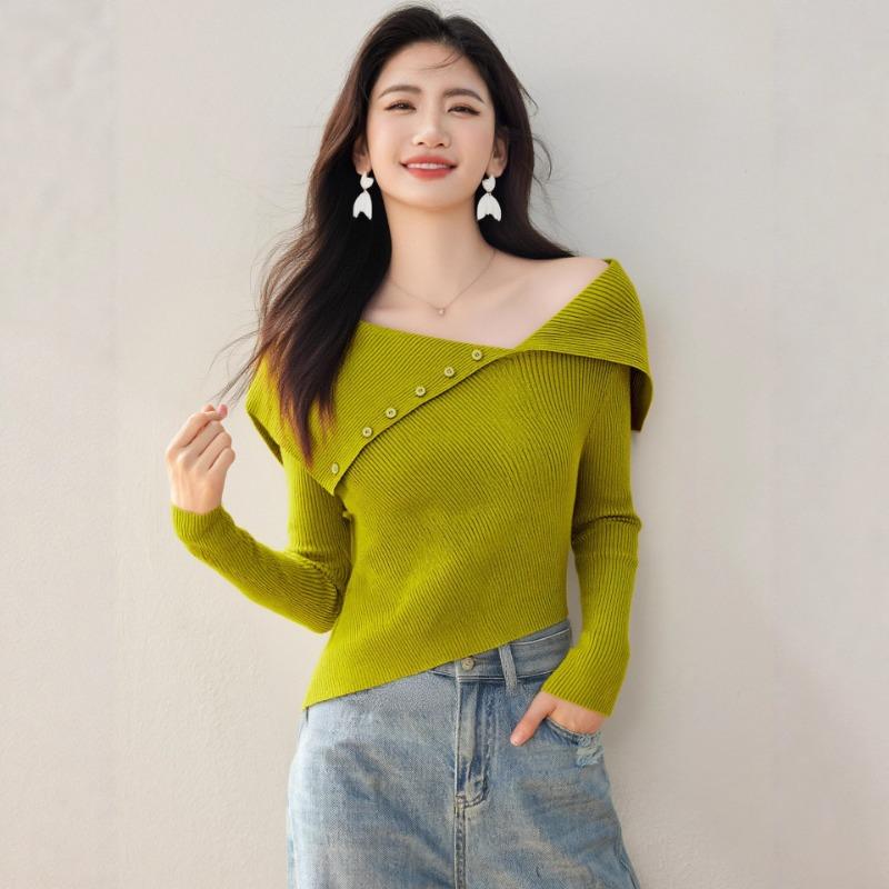Green Irregular Lapel Off-shoulder Long-sleeved Sweater for Women Autumn and Winter Slim Fit High-end Sweater Light Luxury Top