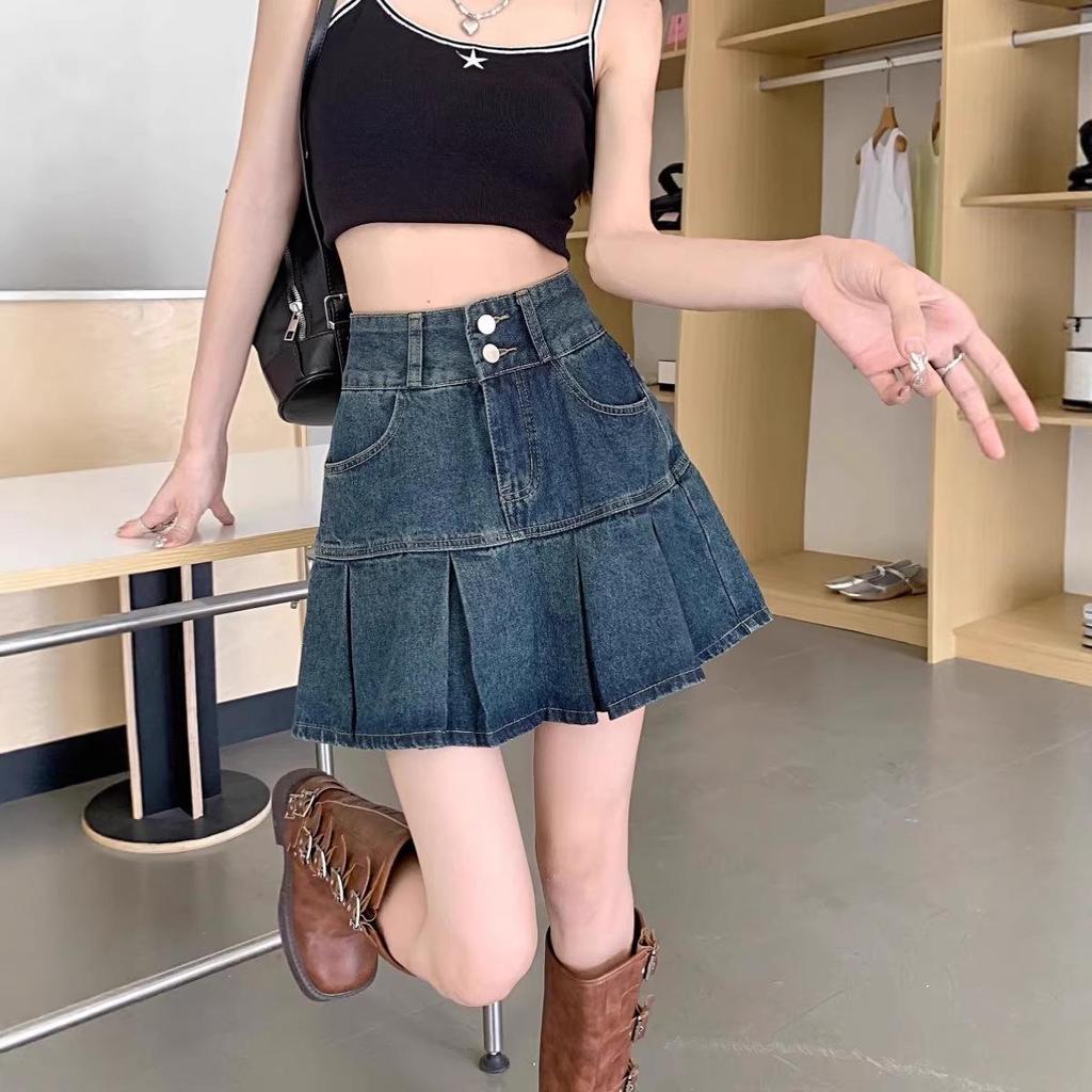 High-waisted Retro Denim A-Line Skirt for Women - Summer Korean Style, Tummy-Covering, Slimming, Designer Niche, Short Pleated Skirt