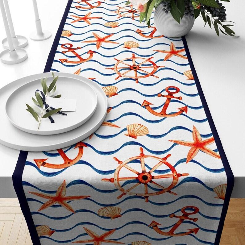 Starfish Table Runner, Lighthouse Runner, Anchor Table Runner, Sea Table Cover, Nautical Dining Runner, Rectangle Tablecloth, Red Blue Runner