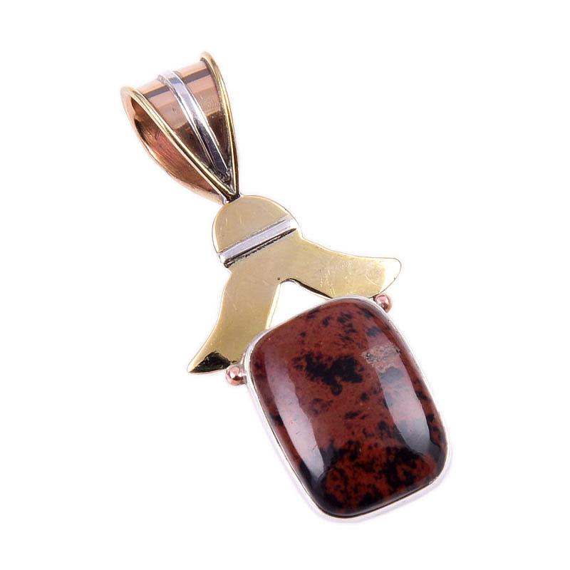 Natural Mahogany Obsidian Gemstone 925 Solid Silver Two Tone Pendant 1.50" j1Y49