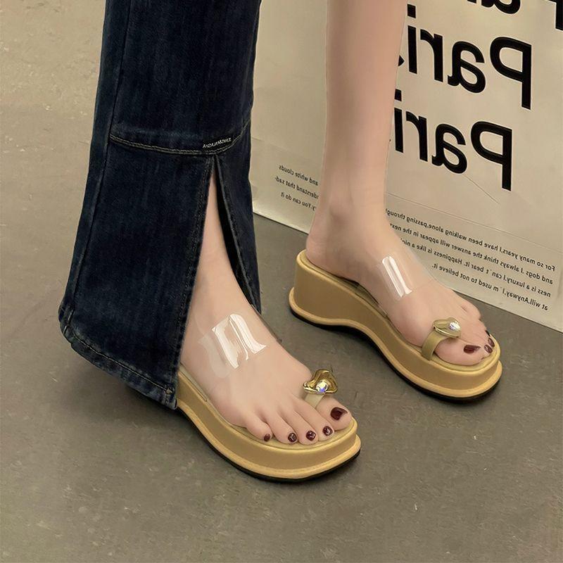 Muffin thick bottom slope slippers women's spring and summer wear 2025 new Internet celebrity transparent one-word with toe fashion sandals
