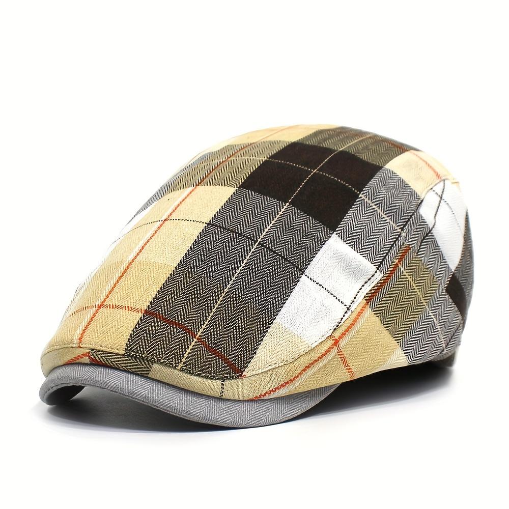 Lehké prodyšné kontrastní kostkované baretové čepice, retro vintage unisex ploché klobouky, britské ležérní pokrývky hlavy