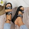 Summer New Slope Heel Sandals Women's Round Head Open Toe Sequin Butterfly Knot Thick Soled Non-slip Slippers
