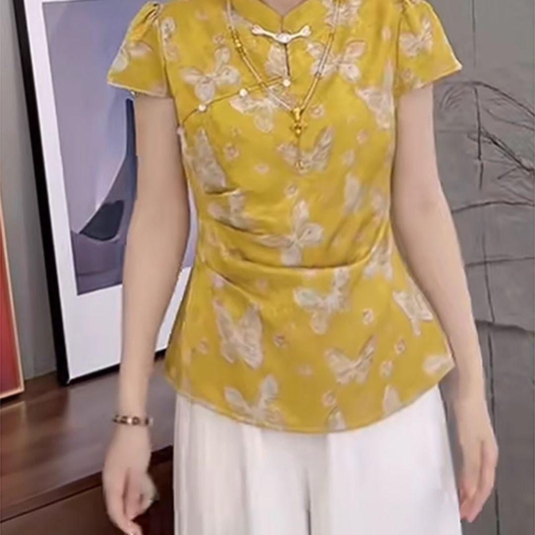 

Design sense disc button pleated short sleeve jacquard shirt women s summer temperament thin versatile T-shirt 3XL (138-75kg recommended)