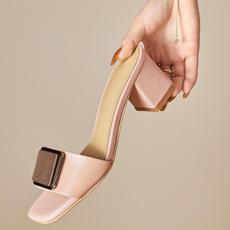 Fashion Buckle Slippers Women's Summer Shoes Pink White Mules Genuine Leather Block Heels Party Shoes Ladies Sandals Large Size