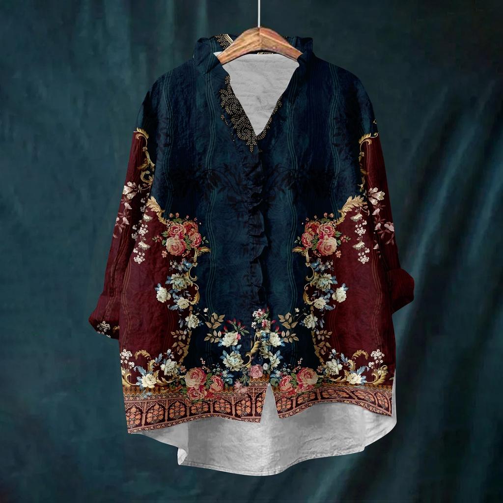 Dámský volný top s volánky, květinovým potiskem, stojáčkem a dlouhým rukávem z bavlny a lnu