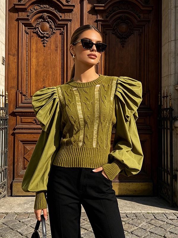 Women's Retro Court Knitwear Top - Autumn 2026, Patchwork Round Neck, Hollow Out, Long Sleeve, Waist-Cinched Sweater