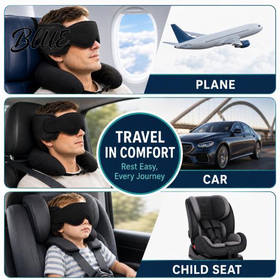 Comfortable Sleep Aid for Home Travel Pillow Airplanes 360 Degree Airplane Head Strap with 3D Eye Cushion System Long Flights Sleeping No