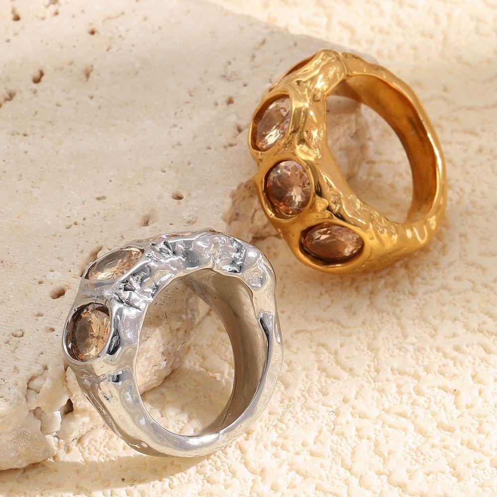 Hammered Finish Oval Zircon Ring Oval Cut Gold Plated Band Elegant Stainless Steel Ring  for Women