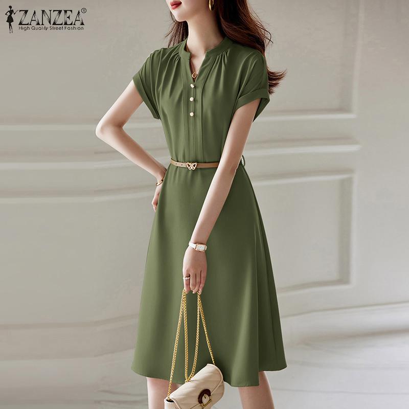 

ZANZEA женское летнее однотонное свободное повседневное платье с коротким рукавом и v-образным вырезом