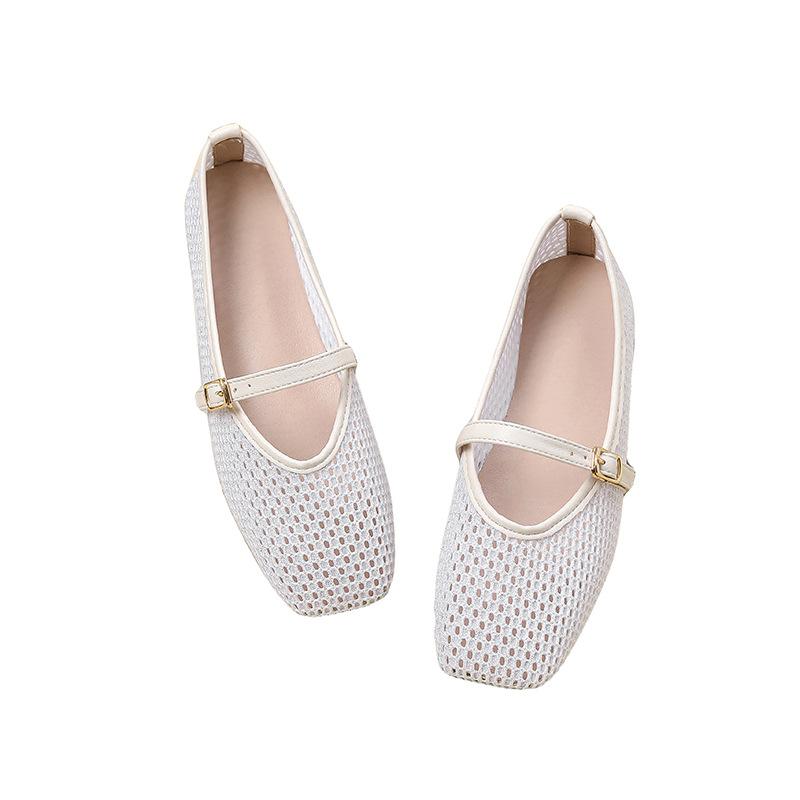 Fashion Buckle Strap Flats Women's 2025 Summer New Fashion Hollow Mesh Mary Jane Shoes Large Size Comfortable Breathable Casual Shoes