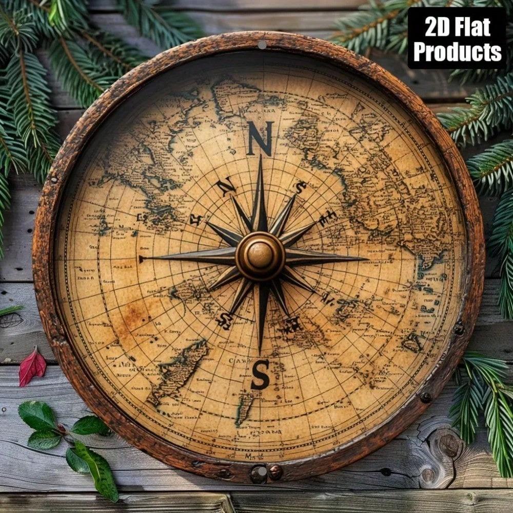 Vintage Nautical Compass Wall Decor Aluminum Metal Art Plaque Round 8x8 Inch Detailed Map Home Office Decoration