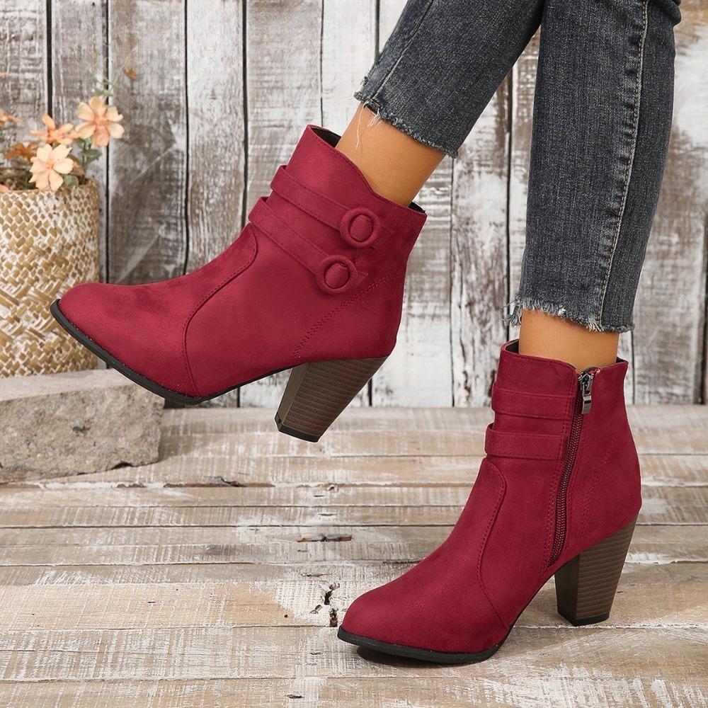 2025 European & American Fashion New Women's Dress Shoes - Side-Zip Block Heel Round-Toe High-Heeled Shoes