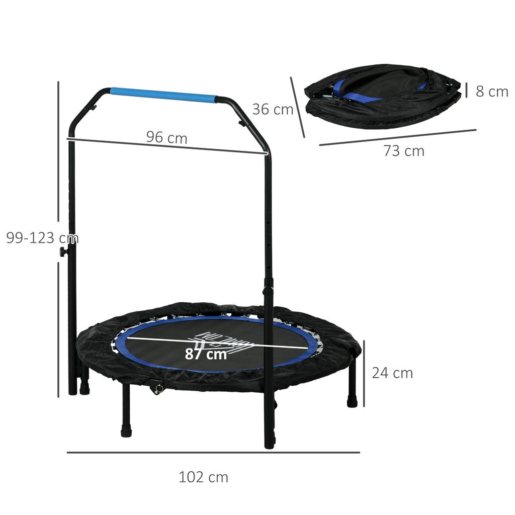 40 Zoll faltbares Mini-Fitness-Trampolin, mit verstellbarem Schaumstoffgriff, Blau