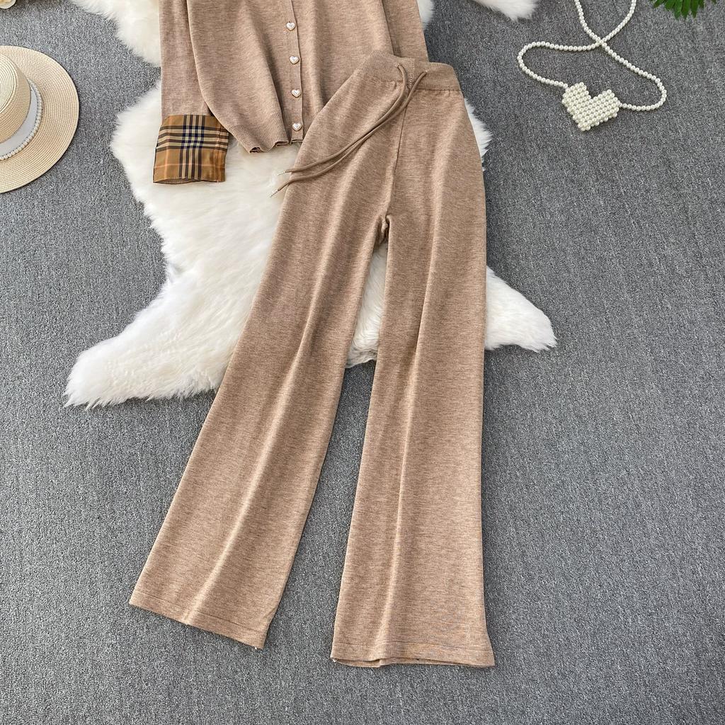 Autumn Winter Women Casual Knitted Sweater Trouser Two Piece Set Full Sleeve 3D Flower Jacket Coat and Wide Leg Pant Suit