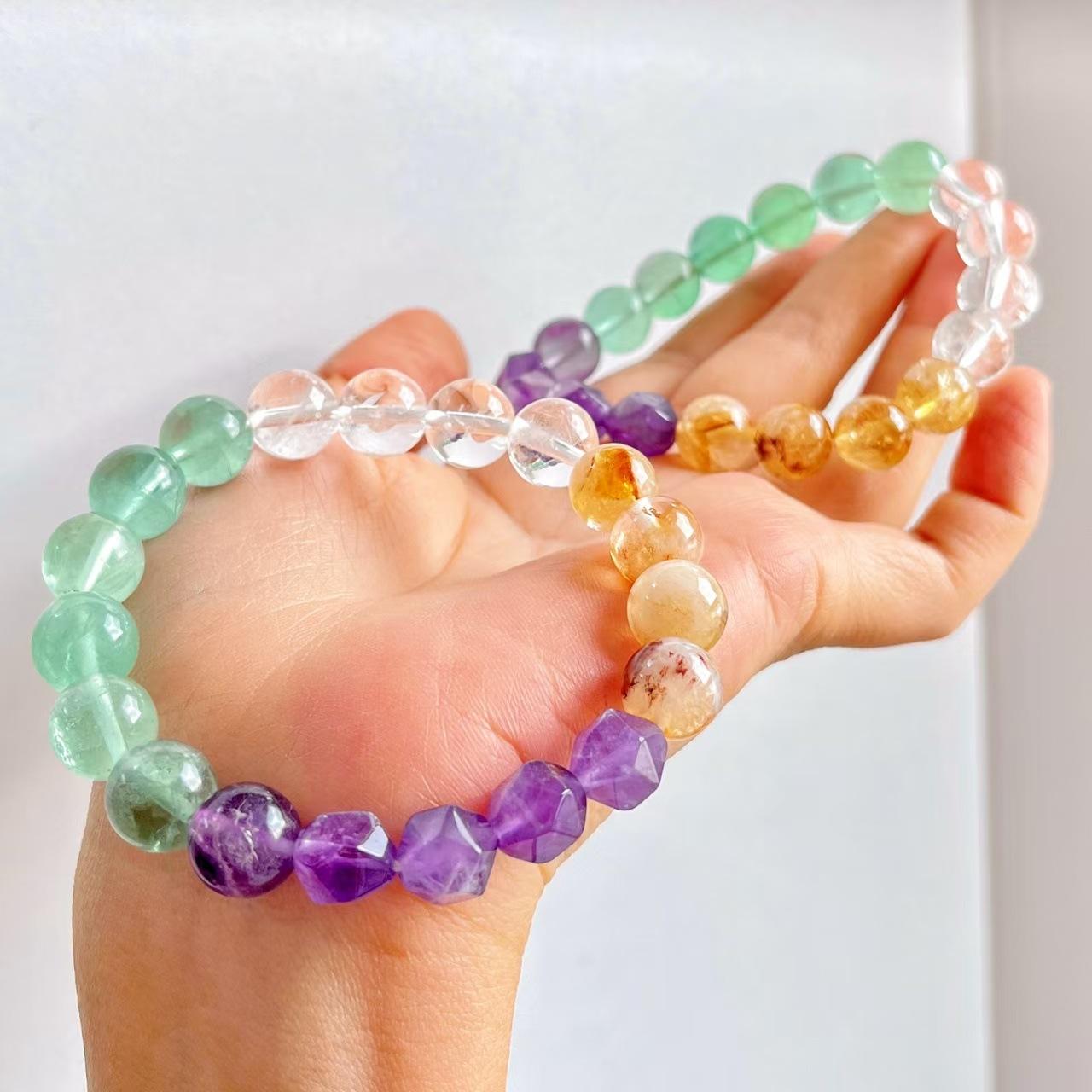 Vintage Rainbow Natural Emeralite Amethyst White Crystal Honey Milk Cover Yellow Tower Crystal Bracelet Bracelet