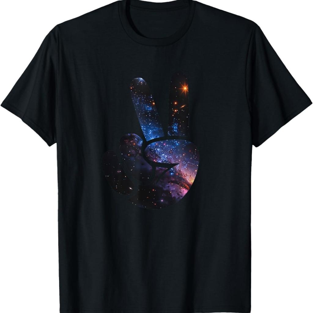 Aesthetic Silhouette Stars Space Galaxy Peace Sign Hand T-Shirt
