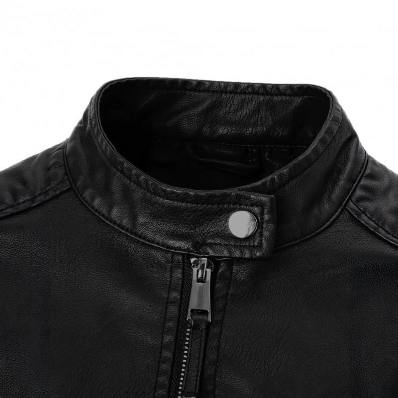 Womens PU Leather Biker Jacket With Stand Collar Slim Fit Zipper Front Casual Streetwear Coat
