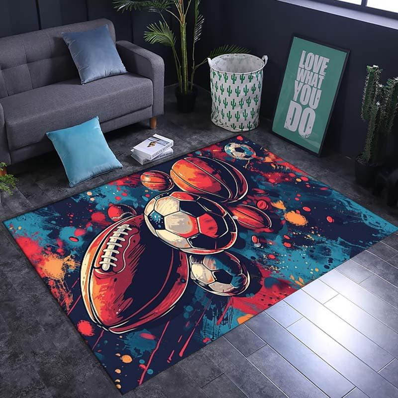 Sports Theme Area Rug with Basketball, Soccer, Football, Tennis Patterns, for Living Room, Bedroom, Kitchen Decor