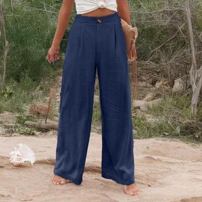 Women Long Pants with Pockets High Waist Buttons Zipper Fly Wide Leg Long Trousers Solid Color Commuter Style Pants