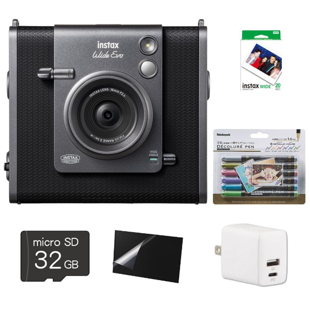 Instax WIDE Evo Film (20 Sheets), MicroSD Card, LCD Protective Film, USB Adapter, and Deco Pen Set