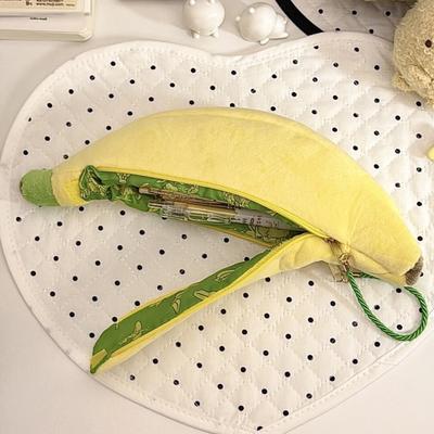 Pencil Case Large Capacity Plush Simulated Banana Shape Zipper Closure Pen Holder Multifunctional Stationery Organizer