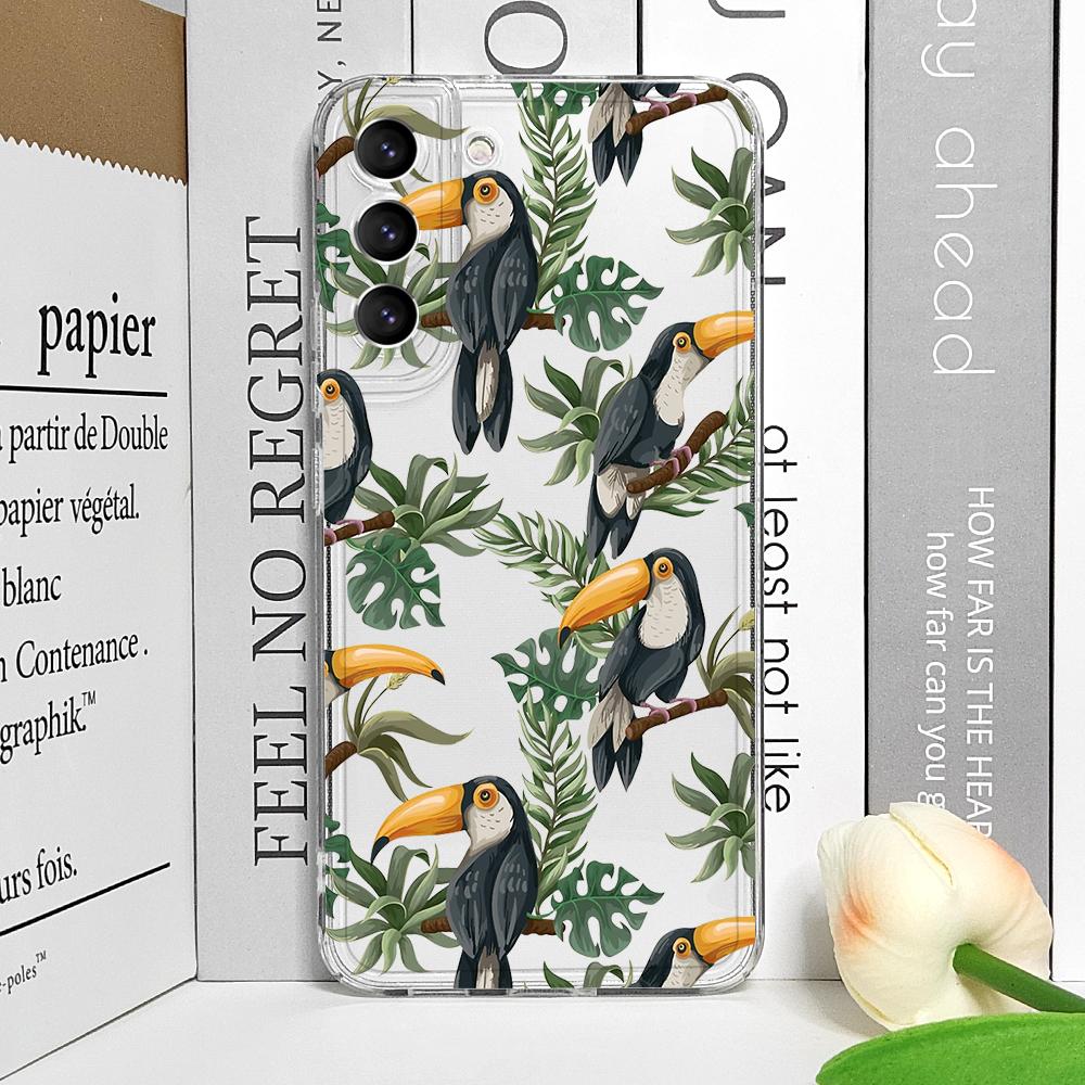 Cartoon Leaves Palm Tree Flowers Bird Phone Case for Samsung Galaxy S25 Ultra S25 Fe S24 S23 FE S22 S21+ S20 Plus 5G Soft Cover