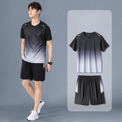 Summer Sportswear Men Gradient Printed Badminton Set Outdoor Running T-shirt and Shorts Comfortable and Breathable Clothing