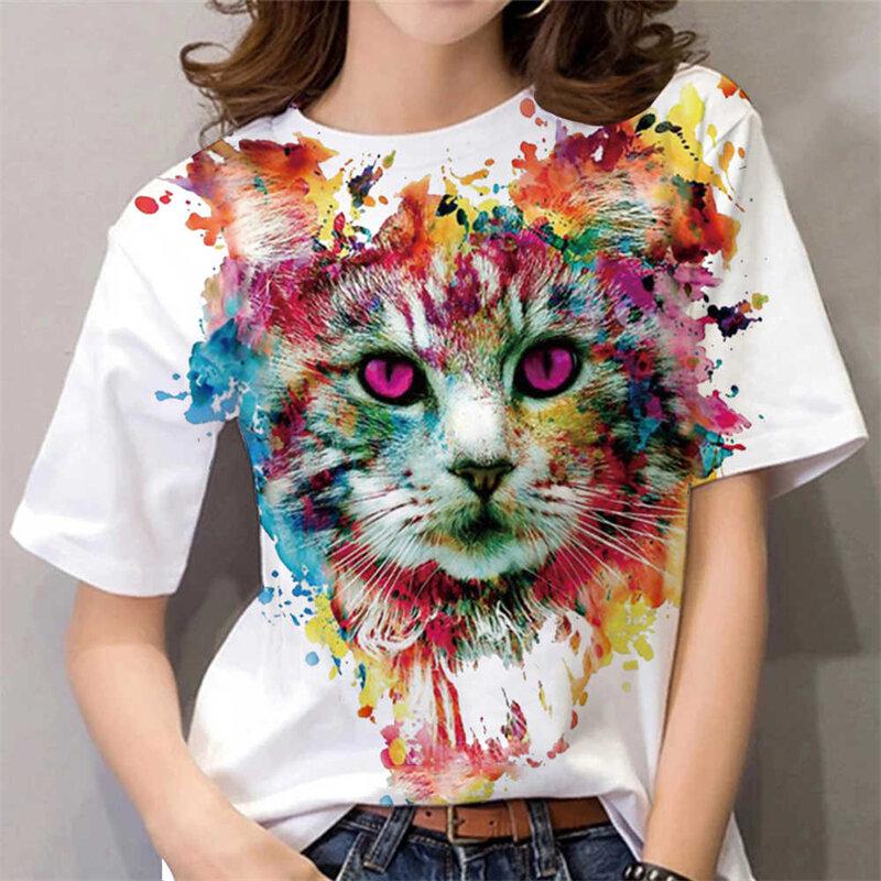 Damen Casual Mode Y2k Tops Sommer 3D Niedlicher Tier Katze Druck Kurzarm T-Shirts Rundhals Lustige Tops Damen T-Shirt Kawaii Kleidung
