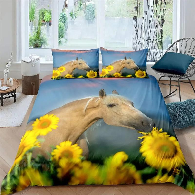 3D Horse Duvet Cover King Queen Size Yellow Sunflower Bedding Collection Floral Animal Theme Quilt Cover Wildlife Soft Comforter Cover