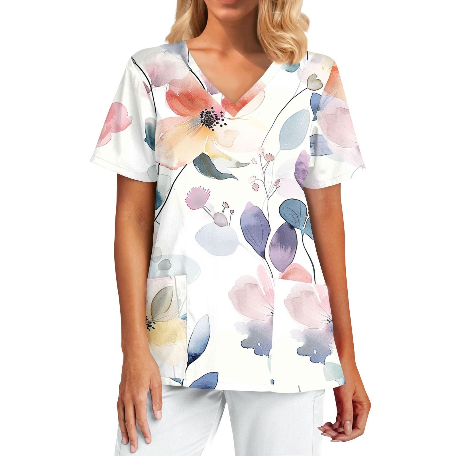 

Women s Fashion Print Short Sleeve V Neck Pocket Top L білий