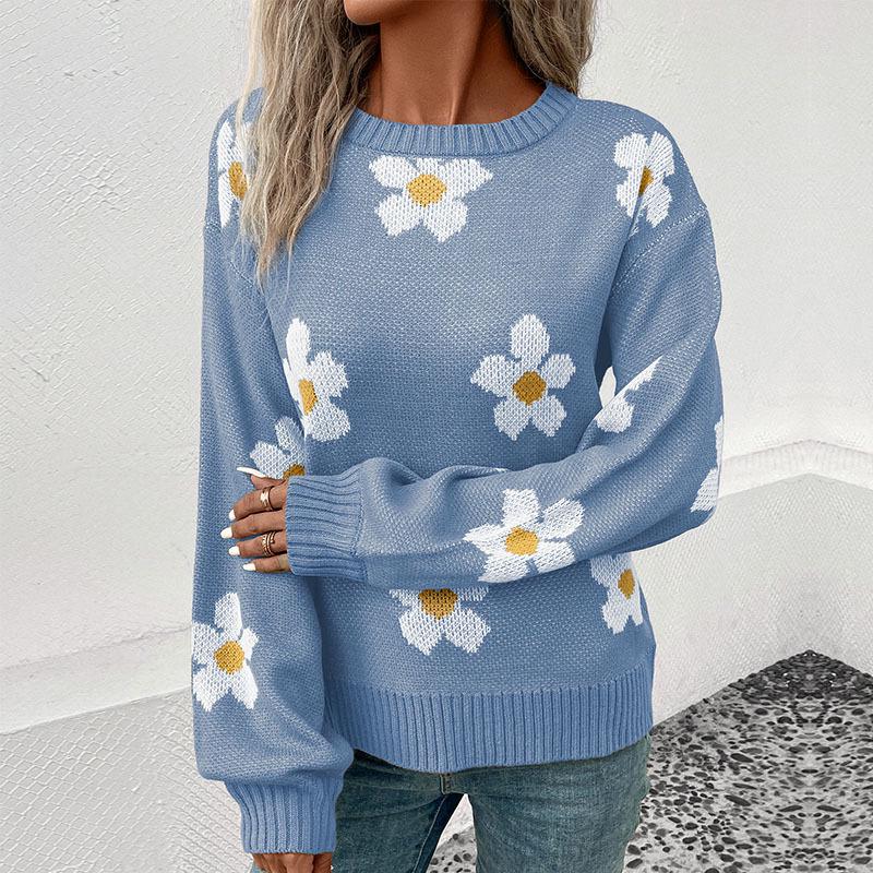 Autumn 2024 Women's Floral Knit Pullover Sweater - European & American Style, Long Sleeve, Round Neck, Casual Fit