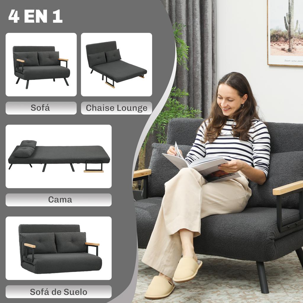 Convertible Sofa Bed, 4-in-1, 2-Seater, Foldable, 5-Level Backrest, Pillows, 102 X 73 X 81 Cm, Grey