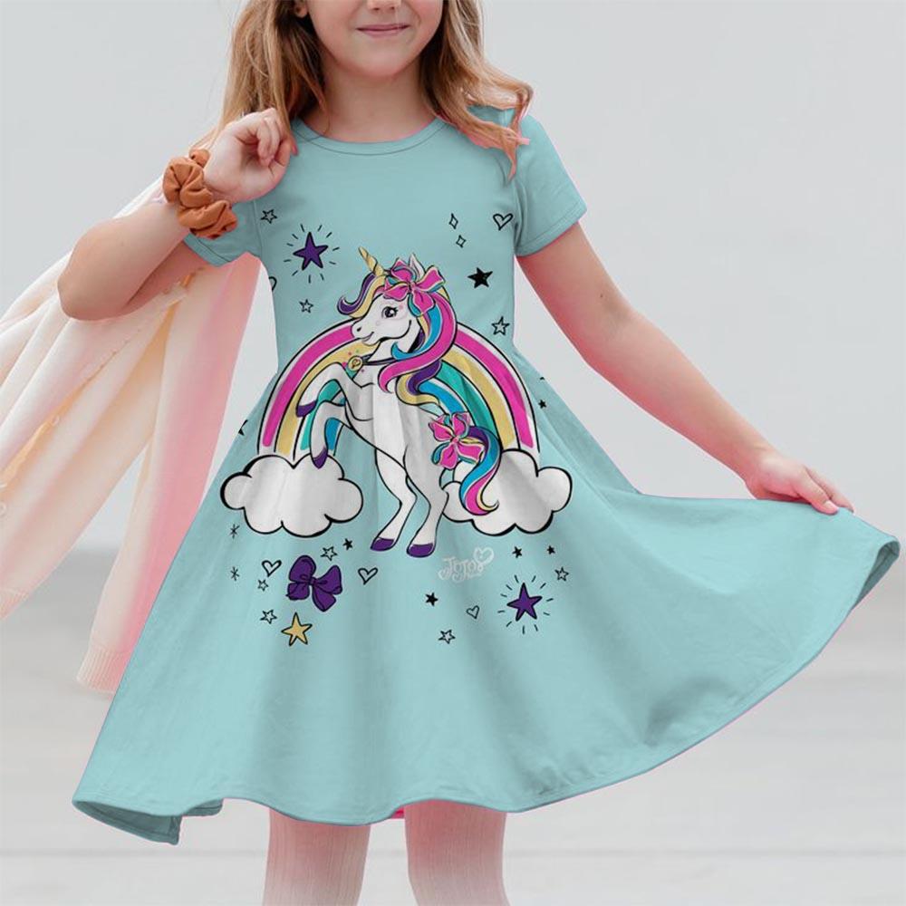 Robes d'été pour filles Licorne Enfants Robe à manches courtes Dessin animé Tout-petits Décontracté Robes droites Vêtements pour enfants 3-12 ans