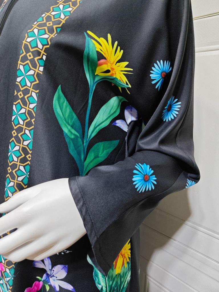 MQ236 Women's Middle Eastern Fashion: Printed Abaya Robe with Hijab & Cardigan, Large Swing Overcoat