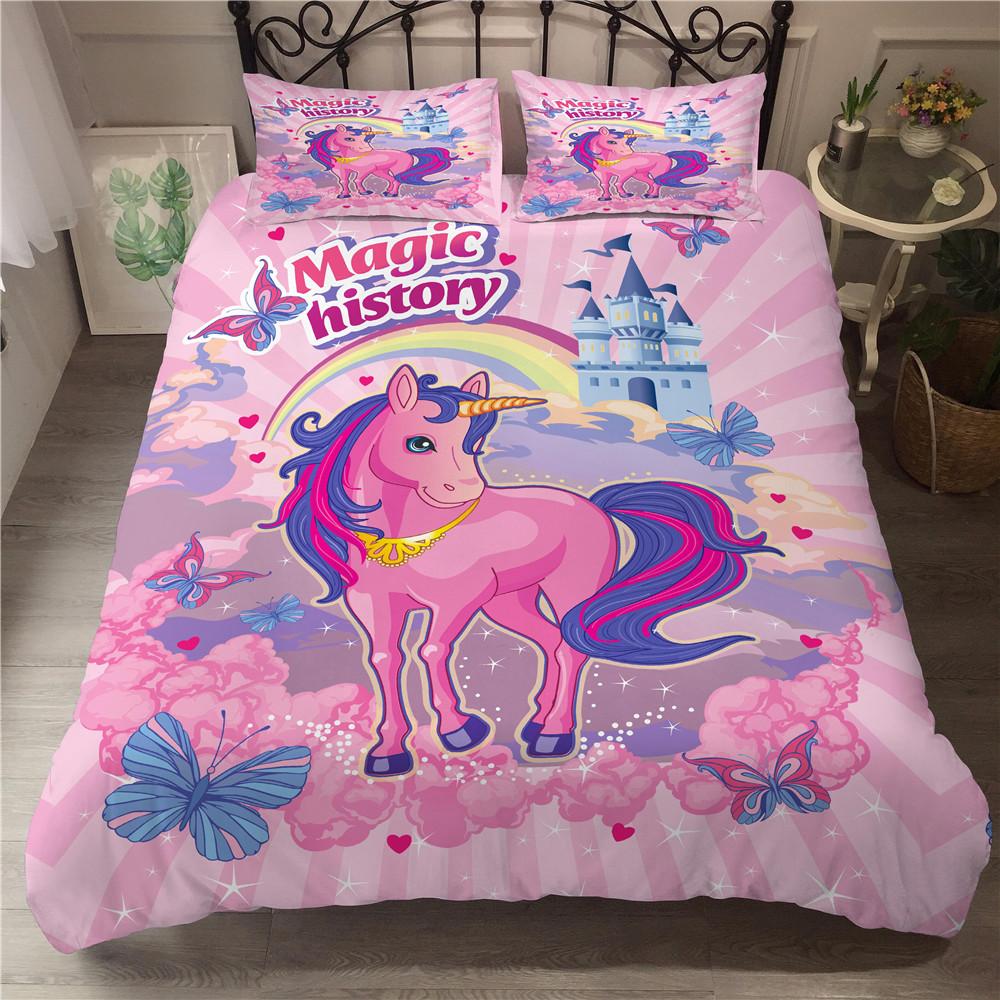 Cute Unicorn Duvet Cover Set Girly Pink Castle Bedding Set Single Twin Size For Princess Girl Dedicated Bedroom Decor Bedclothes