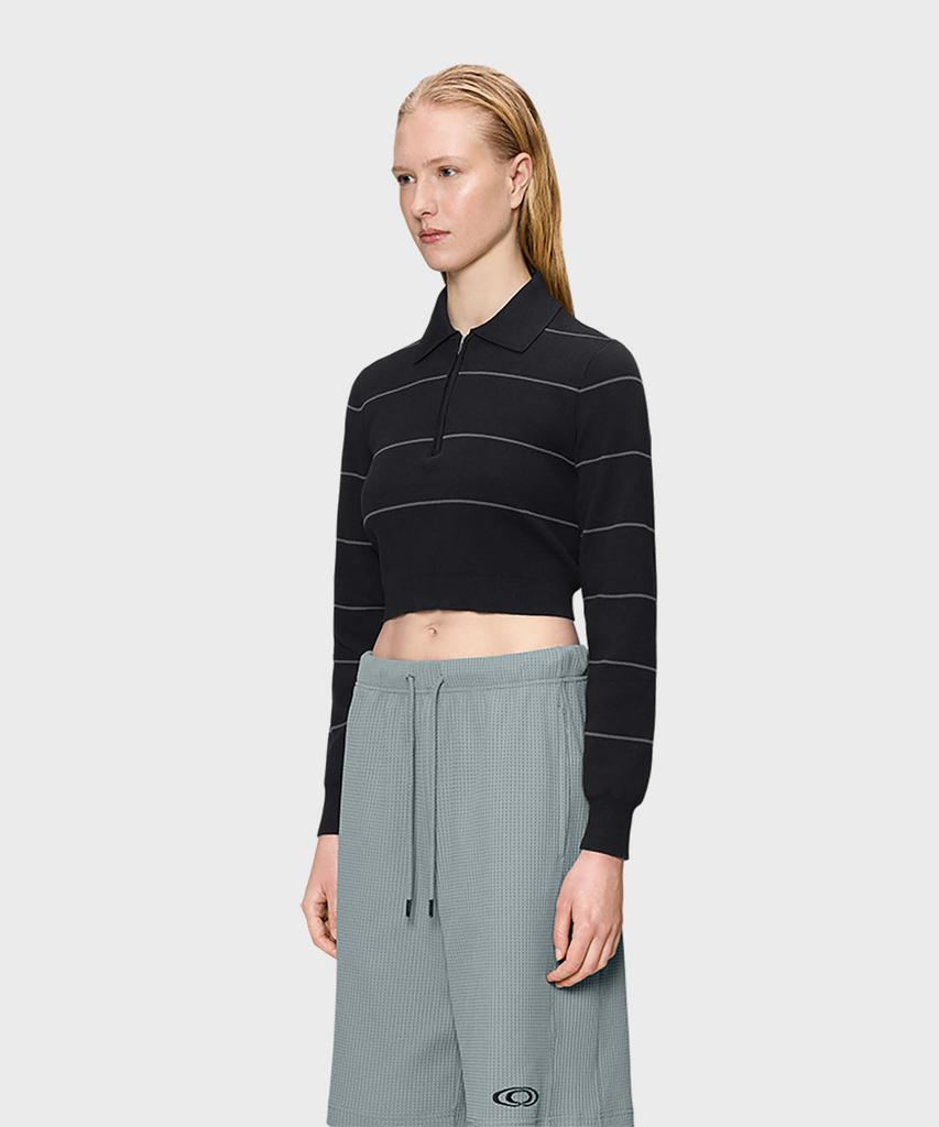 Leinseu Women'S Striped Knit Long Sleeve Polo - Black