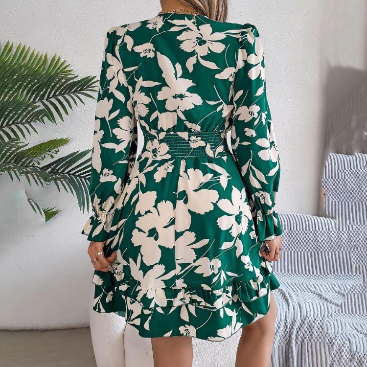Autumn Winter Women Lace Up Print High Waist Long Sleeve Pleated Dress Elegant Fashion