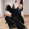 Golden Velvet Women's Camisole, Pants, and Robe Set - Lace Detail, Autumn/Winter Homewear, Suitable for Outdoor Wear.