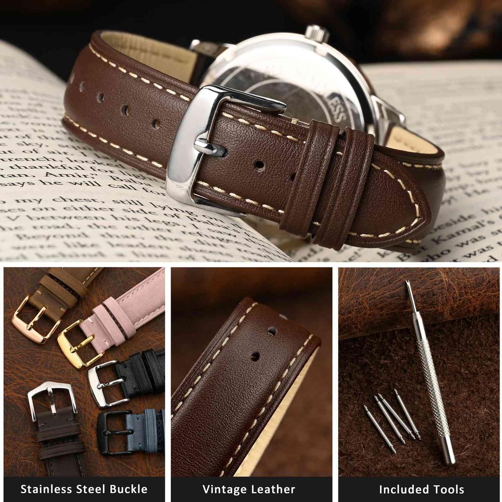 WOCCI 20mm Watch Strap, Vintage Genuine Leather Watch Band (Dark Brown with Contrast Stitching), Includes Adjustment Tool and Spring Bars