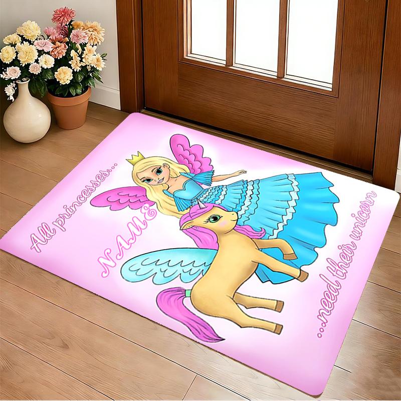 Custom Name Princess Unicorn Living Room Non-Slip Area Rug Soft Carpet for Bedroom Kids Playroom Sofa Office Home Decor Doormat
