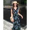 Summer new French holiday style V-neck lotus leaf sleeve splicing high waist versatile long dress printed floral dress women