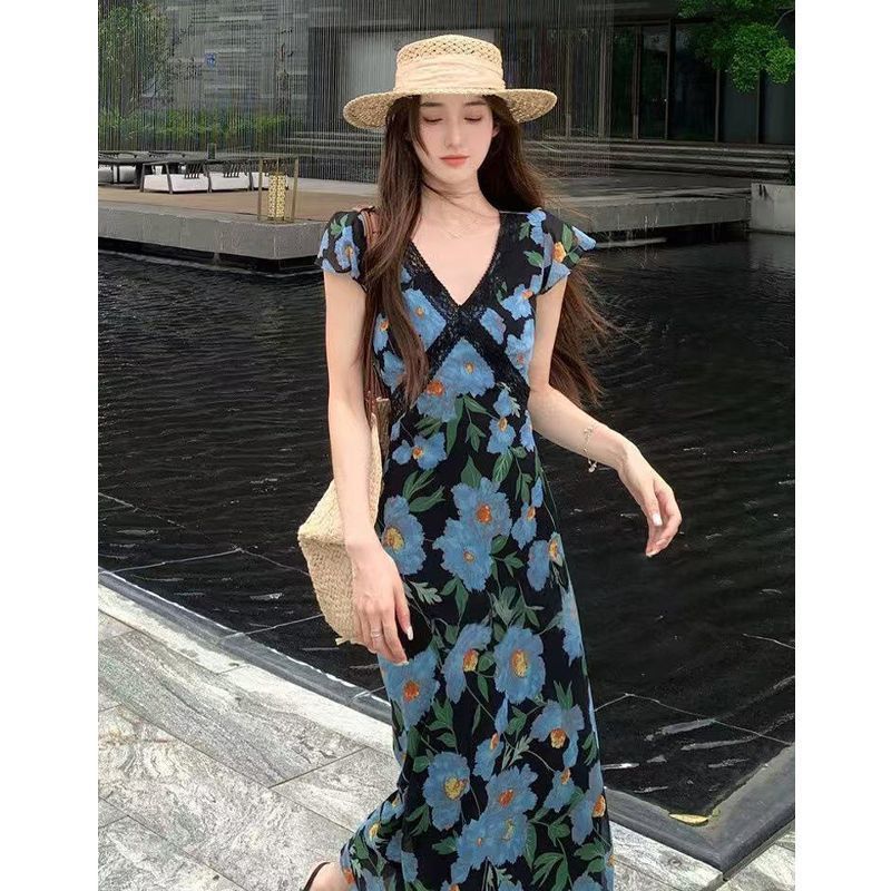 Summer new French holiday style V-neck lotus leaf sleeve splicing high waist versatile long dress printed floral dress women