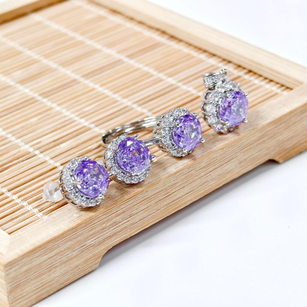 Gethin Jewelry Korean Zircon Ice Flower Cut Stud Earrings & Pendant Set