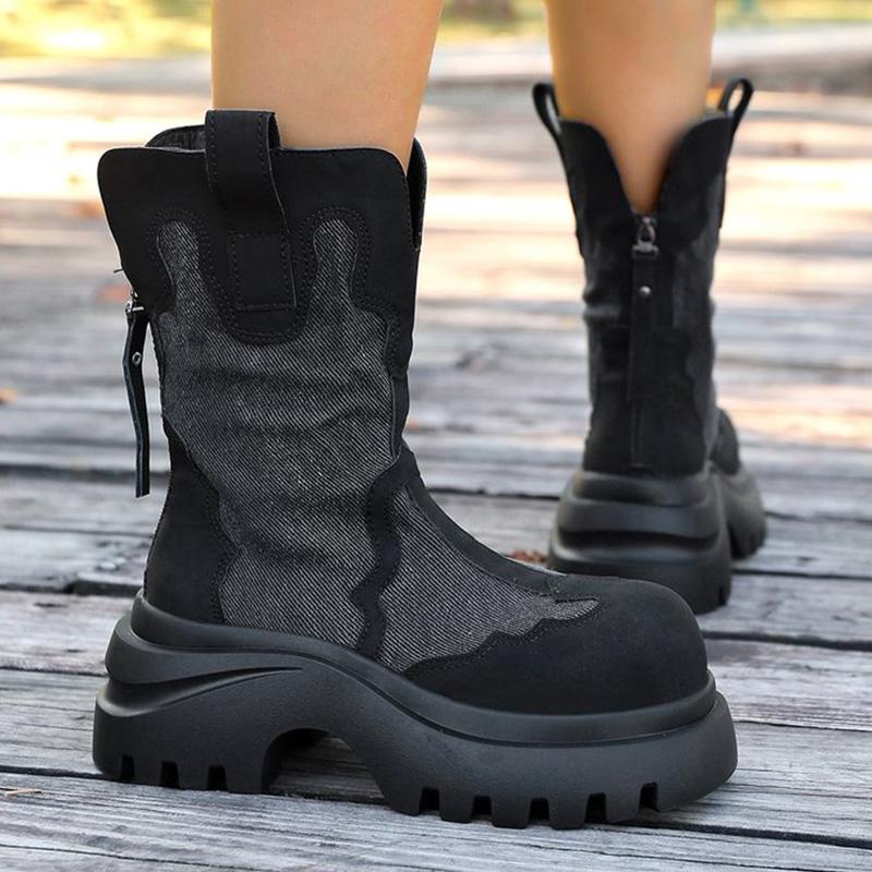 Fashion Retro Zipper Up Black Khaki Women's Boots Autumn Winter High Heel Platform Ankle Boots Woman Anti Slip Wedges Botas Mujer