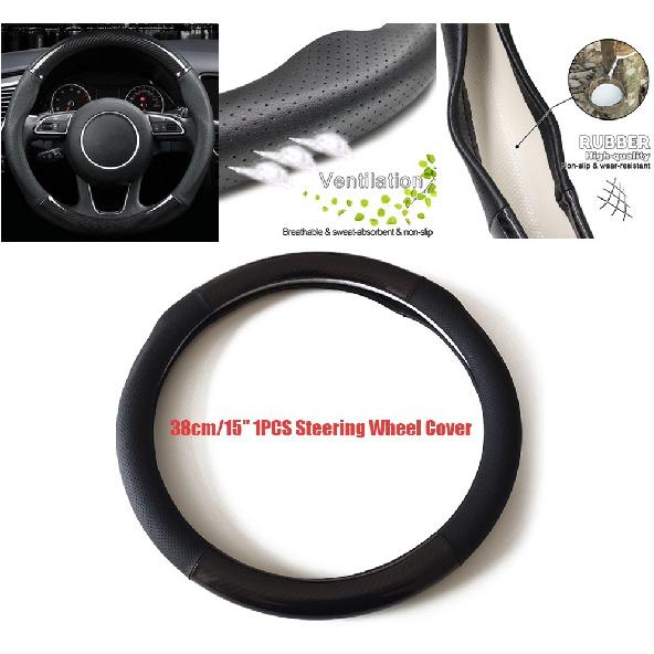 Car Steering Wheel Cover Black Leather & Carbon Fiber Anti-Slip 15” Sports Style