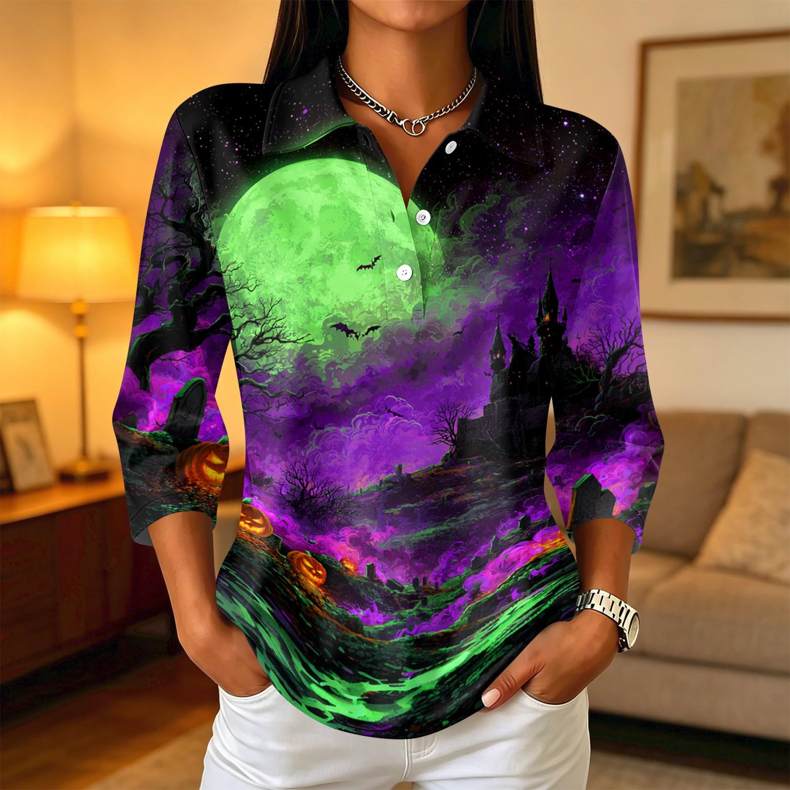Women s Casual Button-Up Blouse with Three-Quarter Sleeves and Halloween Print Collar S