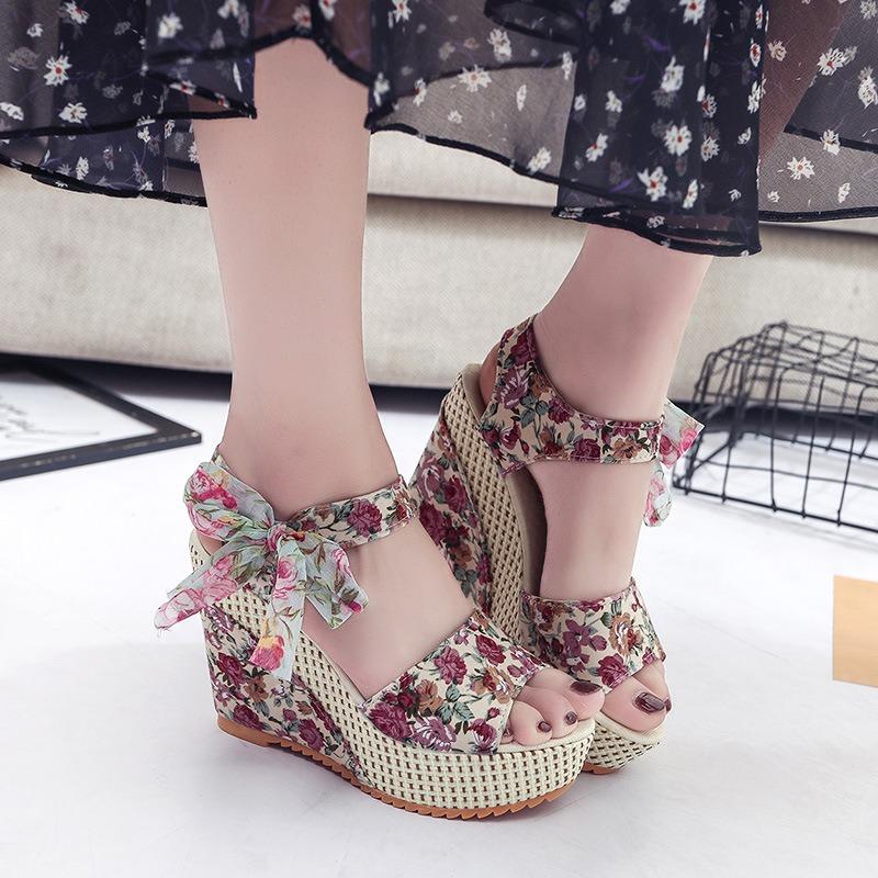 Sandals women's platform wedge heel high heel fish mouth women's sandals muffin and flower ribbon beach shoes summer