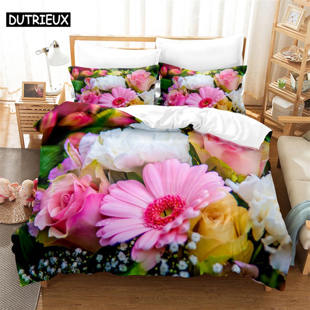 Pink Flowers Queen Bedding Set Duvet Cover Set Bedding Comforter Bedding Sets Bed Linen King Size Duvet Cover Bedding Set